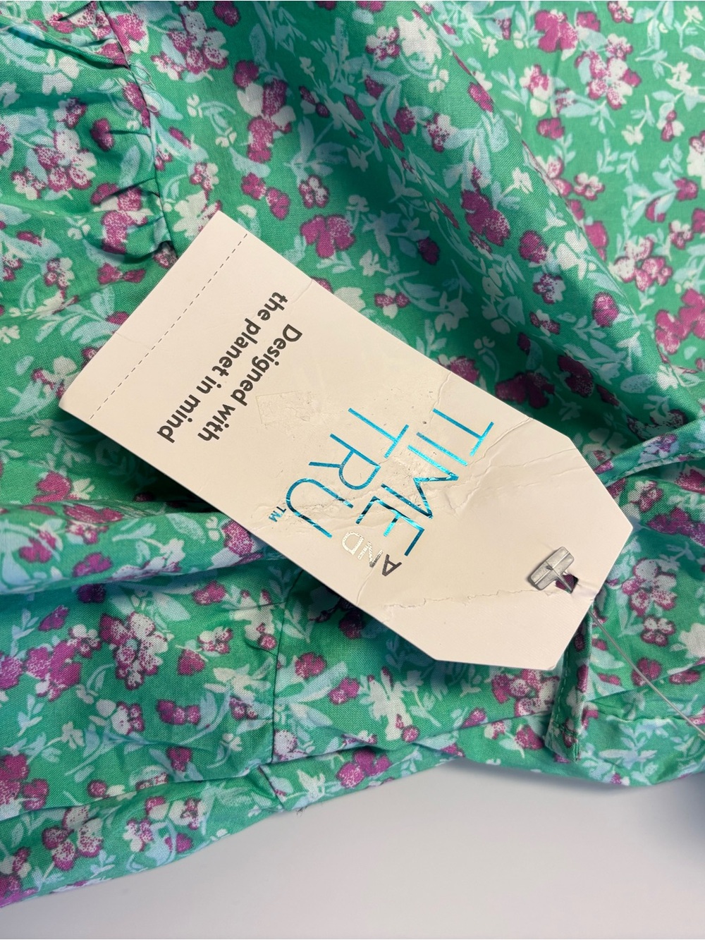 Time and Tru Mint Green Floral Ruffle-Sleeve Mini Dress Sz/8-10 NWT - Picture 6 of 9